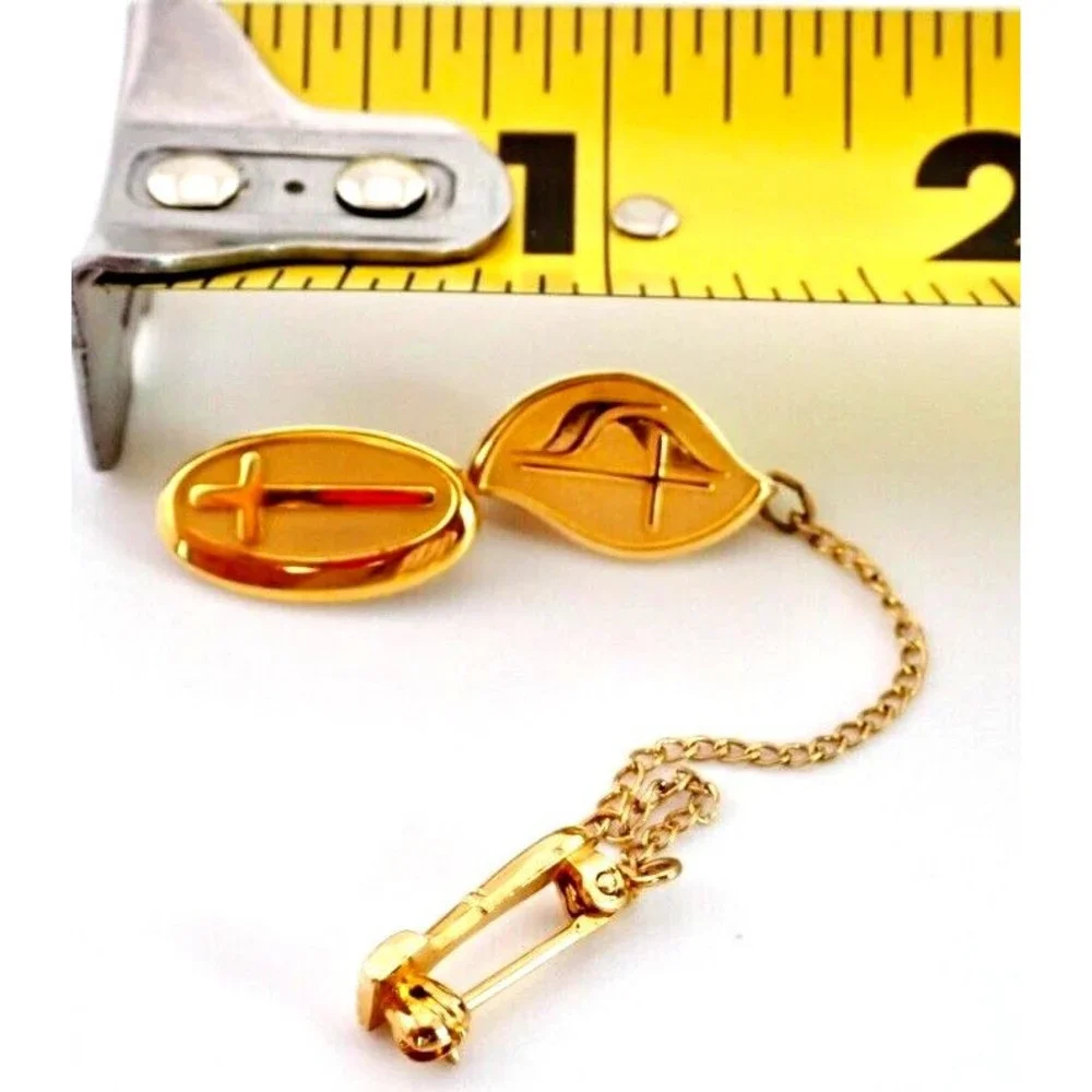Gold Cross 10K 1/5 Leaf Tie Tack Set of 2 with Gold Tone Cross Leaf with Chain